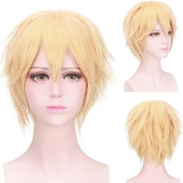 Imagem de Peruca de cosplay curta, loira, 35 cm, em camadas, sintética, felpuda,