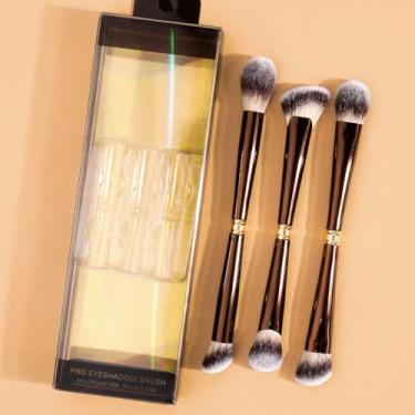 Imagem de Conjunto de pincéis de maquiagem de 3 peças com caixa de papel, cerdas macias que não soltam, perfeito para base de rosto inteiro, blush e maquiagem dos olhos (café)