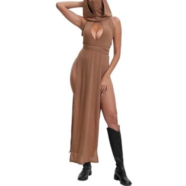 Imagem de LINNSUJH Vestidos góticos para mulheres, vestidos longos, festivais, roupas góticas sensuais, roupas raves, Caqui, M