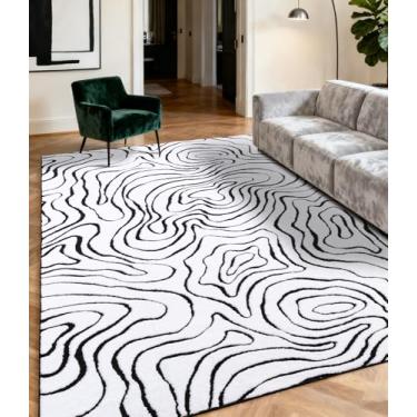 Imagem de YIHOUSE Tapetes modernos para sala de estar 15 x 23 cm, tapete lavável preto e branco para quarto, tapetes geométricos fofos para sala de jantar para decoração de casa embaixo da mesa