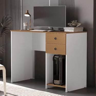 Imagem de Mesa Escrivaninha para Computador com 2 Gavetas e Suporte para CPU - Ideal para Estudo, Escritório e Gamer, Acabamento UV de Alta Resistência(Branco/Nature)