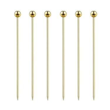 Imagem de 6 palhetas de coquetel de aço inoxidável, espetos de coquetel de metal reutilizáveis, para bebidas, martinis, coquetéis, aperitivos de azeitonas e frutas (ouro)