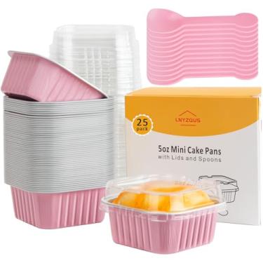 Imagem de Mini formas de bolo de 142 g com tampas, pacote com 25, formas de cupcake de folha para assar, latas de muffin, recipientes pequenos para brownie, descartáveis, creme, brulee, ramequins, forros para