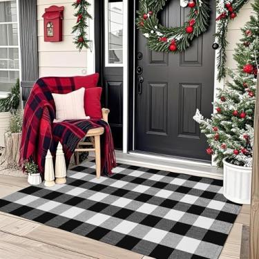 Imagem de HOYIJA Buffalo Tapete xadrez xadrez para ambientes externos, 8,5 x 1,5 m, preto e branco, tecido retrô de algodão lavável à mão para decoração interna/externa para tapete de porta de boas-vindas