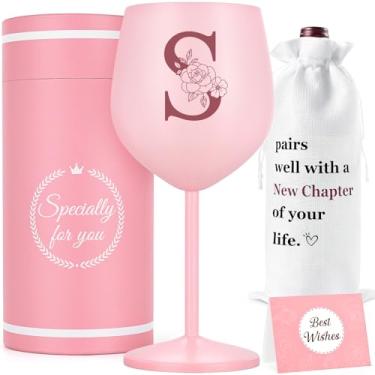 Imagem de Lifecapido Presentes personalizados para mulheres, copo de vinho de aço inoxidável S com saco de vinho e cartão, presente de taça de vinho personalizado com monograma, presente de aniversário com