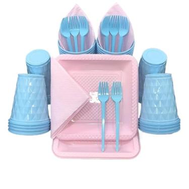 Imagem de Kit Festa Aniversario 180 Itens Candy Descartavel Diamante Premium C/Pratos Copos Garfinho Cor Pastel Azul Rosa Amarelo (Azul Rosa Candy)