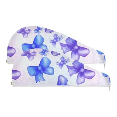 Imagem de SEHANY Lindo laço roxo microfibra toalha de cabelo para mulheres 2 peças turbantes de cabelo de secagem rápida com botão, touca de cabelo seco absorvente toalha de secagem de cabelo para cabelos
