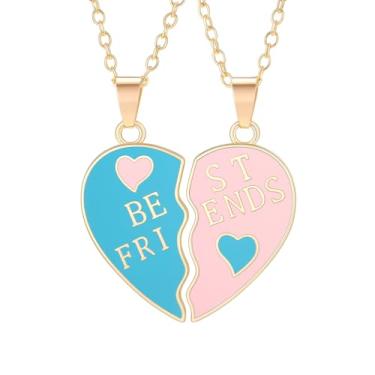 Imagem de Colares com pingente de coração dividido Best Friends, esmalte rosa e azul, conjunto de 2 peças - presente para melhores amigos, Adjustable, Aço inoxidável, Zircônia cúbica