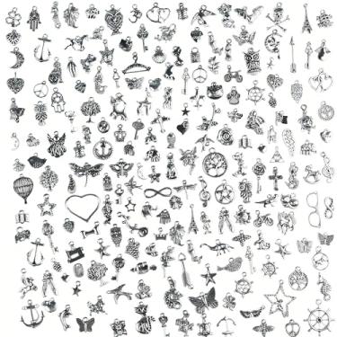 Imagem de Amuletos para fabricação de joias de prata a granel: 200 peças de pingentes pequenos vintage variados de metal para fabricação de brincos, colar e chaveiro de pulseira faça você mesmo, acessório de