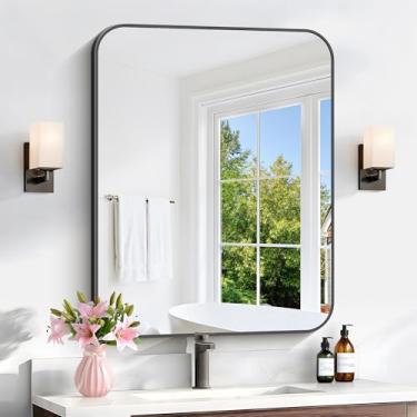 Imagem de CIVENO Espelho de banheiro, espelho retangular preto emoldurado de metal de 76 x 61 cm, espelho retangular de canto arredondado, espelho de parede para quarto moderno e sala de estar pendurado