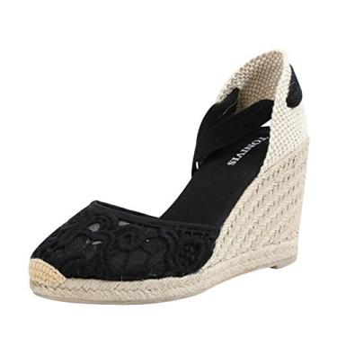 Imagem de TONIVIS Espadrilles plataforma plataforma, anabela de 7,62 cm, tira macia no tornozelo, bico fechado, sandálias clássicas de verão, Black Lace - 3" Heel, 7.5
