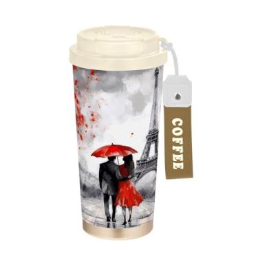 Imagem de Wassud Caneca de café isolada Torre Eiffel à prova de vazamento com tampa e canudo garrafa de água de aço inoxidável para café quente/gelo, chá e cerveja