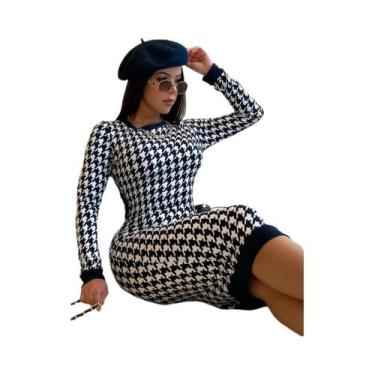 Imagem de Vestido Midi Feminino Com Estampa Pied-de-Poule, Manga Longa, Ajuste S