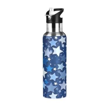 Imagem de Wassud Garrafa de água esportiva de aço inoxidável com isolamento a vácuo Blue Star Pattern 1000 ml com tampa de canudo à prova de vazamento, copo portátil, academia, viagem