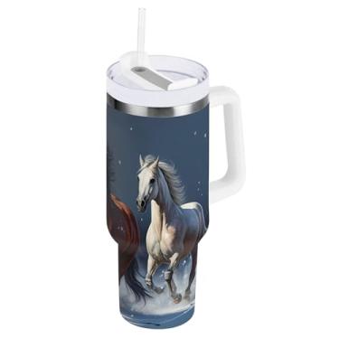 Imagem de Kigai Copo de 1,134 g com alça, copos isolados de cavalo de corrida com tampa e canudo, garrafa de água esportiva de metal grande, caneca de café de viagem de aço inoxidável