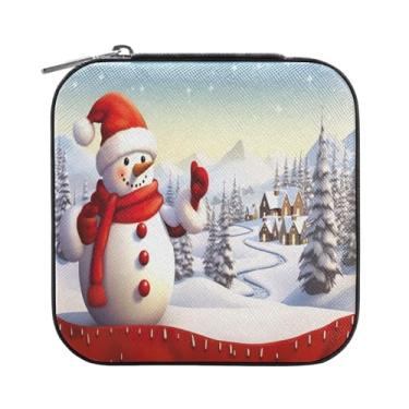 Imagem de Wassud Caixa de joias pequena de viagem com boneco de neve feliz, mini organizador portátil de couro PU, brincos quadrados de armazenamento, colar, pulseiras, joias para mulheres, meninas, senhoras
