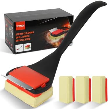 Imagem de Escova de grelha sem cerdas com raspador, escova de limpeza de churrasqueira com 4 almofadas substituíveis resistentes ao calor, ferramenta de limpeza de grelha segura para máquina de lavar louça para