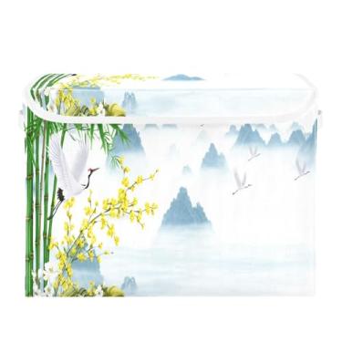 Imagem de Wassud Cestos de armazenamento dobráveis com tampas, guindastes com cestas organizadoras de tecido dobrável de bambu para armário, casa e decoração sazonal 41,5 x 32,5 x 39,8 cm