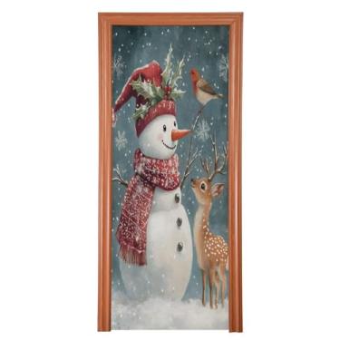 Imagem de Wassud Capa para porta de Natal, decoração de banner, 91 x 242 cm, boneco de neve grande com cervo, capa de porta interna elástica para varanda e porta da frente