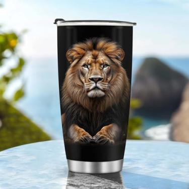 Imagem de Copos de café de viagem isolados caneca garrafa de água presentes para Natal, aniversário, dia das crianças, presente de aniversário de 590 ml, leão, aço inoxidável, gelado, quente e frio, alça