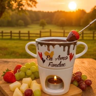 Imagem de Aparelho de Fondue de Chocolate, Porcelana, Branco com Corações, 250ml Decoração Romantica