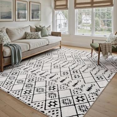 Imagem de WondRg Tapete Boho 12 x 18 cm felpudo preto e branco decoração moderna tapete lavável para sala de estar neutro marroquino tapete macio para quarto, cozinha, sala de jantar, escritório em casa e