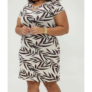 Imagem de Vestido Plus Size Feminino Folhas Manga Curta Marisa-44038, Bege, G2