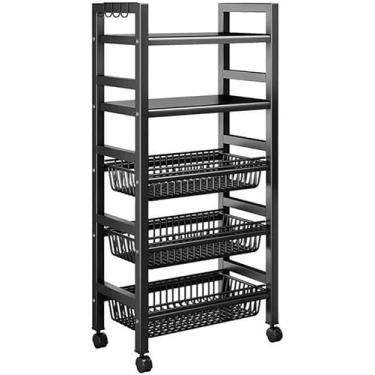 Imagem de Fruteira Multiuso com Cestos e Rodinhas Preta - Carrinho Organizador Móvel de Cozinha - Suporte para Frutas Verduras e Utensílios com 3 Andares