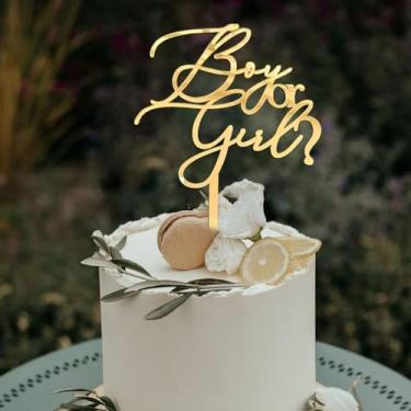 Imagem de Topo de bolo dourado para meninos ou meninas, enfeite de bolo de acrílico feliz aniversário para meninos e meninas revelação de gênero suprimentos de festa de chá de bebê
