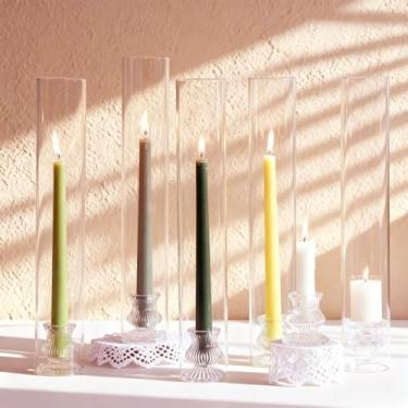 Imagem de Mumufy Castiçais de vidro à prova de furacões - 12 conjuntos de castiçais cônicos a granel com tampas de cilindro à prova de vento, capas de chaminé de vidro transparente de 35,5 cm de altura para