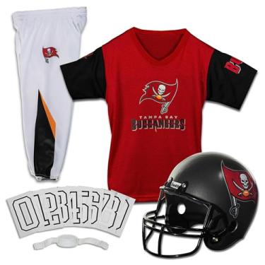 Imagem de Franklin Sports Conjunto de uniforme de futebol infantil Tampa Bay Buccaneers – Fantasia de futebol juvenil da NFL para meninos e meninas – O conjunto inclui capacete, jérsei e calça – Médio