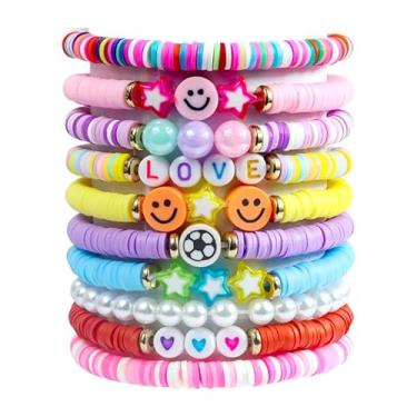 Imagem de Mannikesi Conjunto de 10 pulseiras da amizade para meninas adolescentes e mulheres, presentes de Natal, joias coloridas, conjunto de pulseiras de argila coloridas, conjunto de pulseiras estilo praia