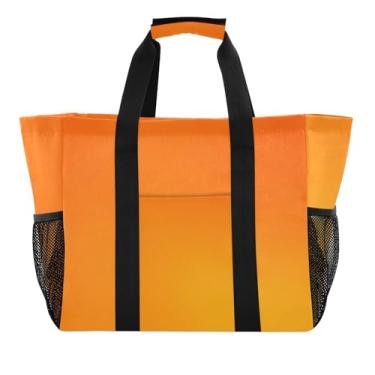 Imagem de Bolsa feminina dobrável e lavável – Bolsa de praia impermeável à prova de areia com bolsos, gradiente laranja a amarelo