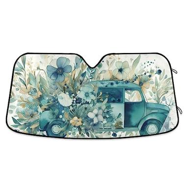 Imagem de Caminhão verde com borboletas e flores voando na primavera viseiras de carro para-sol, sombra de para-brisa de carro, bloqueador solar para carro