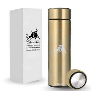 Imagem de Chandler Garrafa de vácuo de aço inoxidável de 473 ml para café quente e frio, chá e bebidas, cabe no carro sem derramamento, tampa isolada com prensa e orifício selado para canudo (ouro)