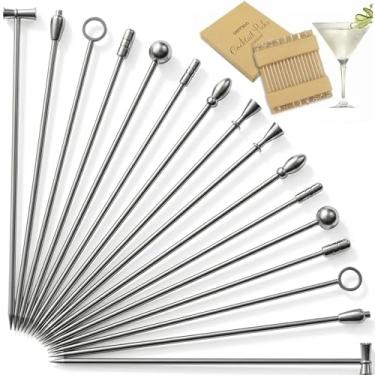 Imagem de DEMIGO Palitos de coquetel, conjunto de palitos de martini de aço inoxidável reutilizáveis, palitos de frutas, guarnição de espetos, palitos de bebida para festas de bar, lanches de churrasco, sanduíches de clube (16 peças)