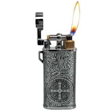 Imagem de Isqueiro St Benedict Constantine com bolso de metal, vintage, reutilizável, clássico, criativo, butano, para presente decorativo de coleção (butano não incluído) (prata)