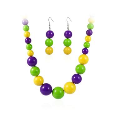 Imagem de Fuqimanman2020 Mardi Gras Conjunto de brincos de colar de contas de acrílico para mulheres neon verde roxo ouro grosso contas colar Mardi Gras fantasia festa joia presente