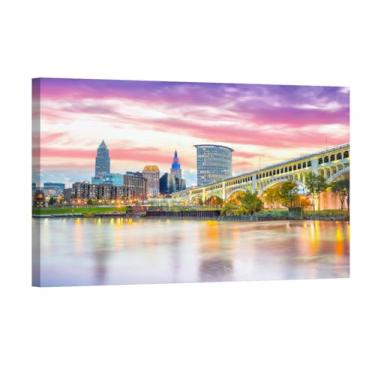 Imagem de Decoração de parede do horizonte de Cleveland - Arte de parede vista do centro ao pôr do sol para sala de estar - 1 painel Ohio USA Painting Artwork - Esticado emoldurado pronto para pendurar 61 x 91