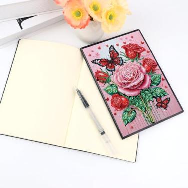Imagem de Kits de arte de caderno de pintura de diamante para adultos iniciantes, capa de couro, rosa rosa, faça você mesmo, pintura de diamante, caderno de esboço, arte de diamante, feito à mão, festival