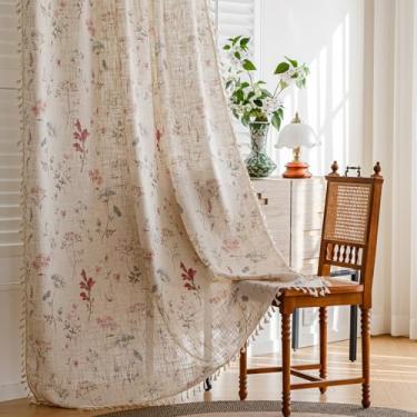 Imagem de RoomTalks Cortinas florais boho de 163 cm para quarto, sala de jantar, sala de estar, berçário, filtro de luz, painéis de cortina de linho vintage, estilo campestre moderno, vintage, lindo, estético