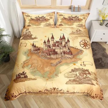 Imagem de Manfei Conjunto de capa de edredom infantil castelo retrô, tamanho Queen, conjunto de cama vintage para decoração de quarto de meninos e meninas, capa de edredom com mapa do tesouro, capa de edredom