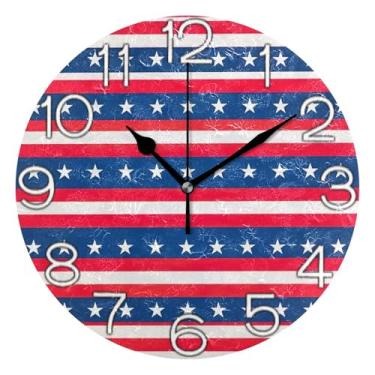 Imagem de GAIGEO Relógio de parede decorativo analógico funky alimentado por bateria relógio de cozinha rústico, arte de parede moderna decoração de casa azul listrado vermelho, 25 cm, ponteiros dourados