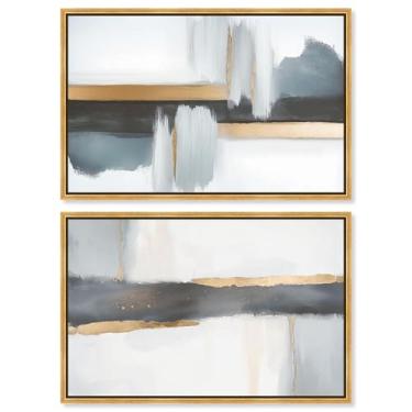 Imagem de Conjunto de 2 arte de parede de sala de estar com impressão em tela de luxo neutro da Art Remedy, moldura dourada, 38 x 25 cm