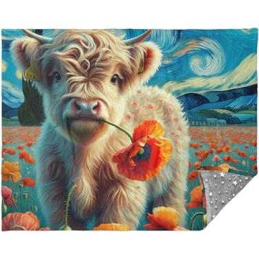 Imagem de Cobertor personalizado Highland Cow Calf Poppy Starry Night Throw para sofá Cobertores grossos macios para inverno folha xadrez cobertor 177,8 cm x 139,7 cm