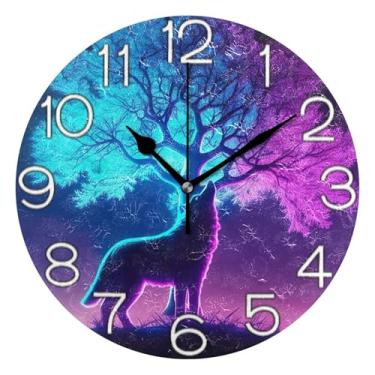 Imagem de GAIGEO Relógio de parede analógico de árvore azul roxo lobo legal decorativo quarto cozinha relógio operado por bateria silencioso, decoração de parede vintage sala de estar, 25 cm, ponteiros pretos