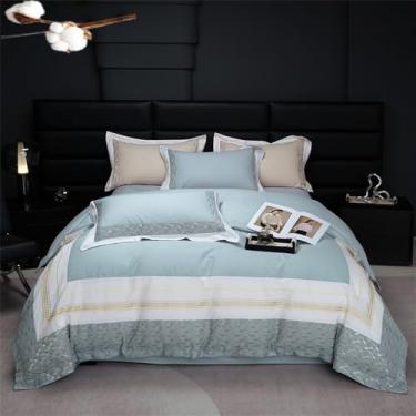 Imagem de Jogo de cama de algodão com bordado em relevo, tamanho Queen/King, com capa de edredom, lençol e fronhas, azul celeste, 200x230cm (4 peças).