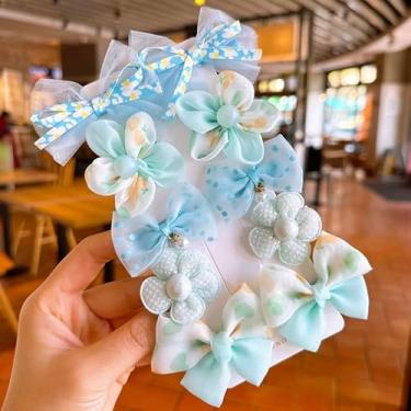 Imagem de Conjunto de acessórios de cabelo de 10 peças para meninas - Presilhas de cabelo com laço azul e flor, linda malha pastel brilhante, ornamentos de cabelo adoráveis adequados para crianças e meninas