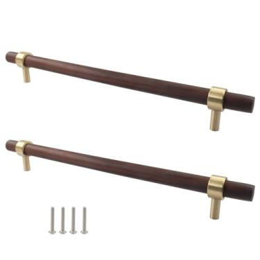 Imagem de Piutouyar Puxadores de armário de nogueira, puxadores de gaveta de madeira central de 224 mm/8,82 polegadas, puxadores de madeira com parafusos, puxadores de cômoda de latão para cozinha, armário