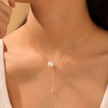 Imagem de Colar de ouro/prata para mulheres – delicado com pingente de gota banhado a 14 k/barra/pérola, formato Y, zircônia cúbica, hipoalergênica personalizada, não mancha, presente de aniversário de Natal